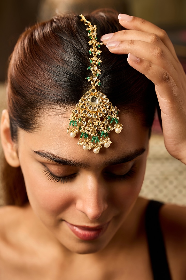 Gold Finish Multi-Colored Stone & Kundan Polki Maangtikka by Paisley Pop at Pernia's Pop Up Shop