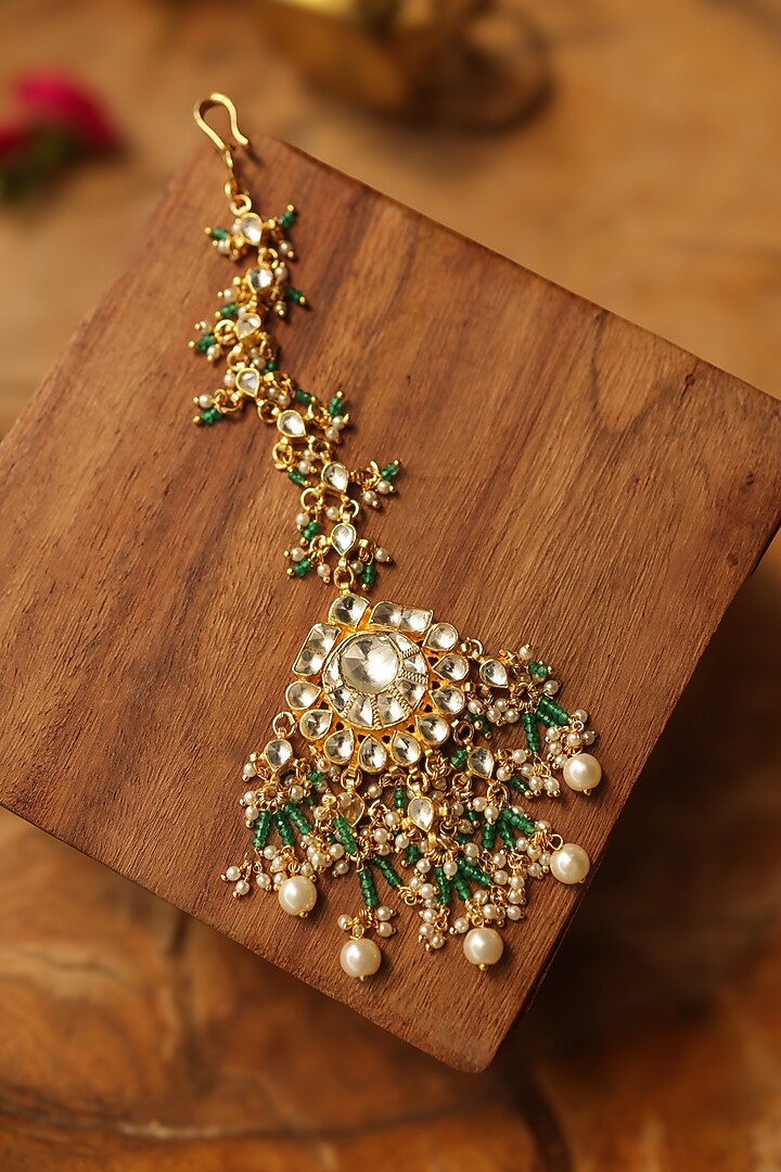 Gold Finish Multi-Colored Stone & Kundan Polki Maangtikka by Paisley Pop at Pernia's Pop Up Shop