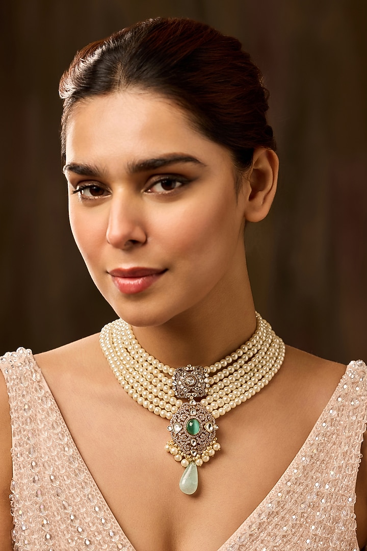 Gold Finish Kundan Polki & Pearl Layered Pendant Necklace by Paisley Pop at Pernia's Pop Up Shop