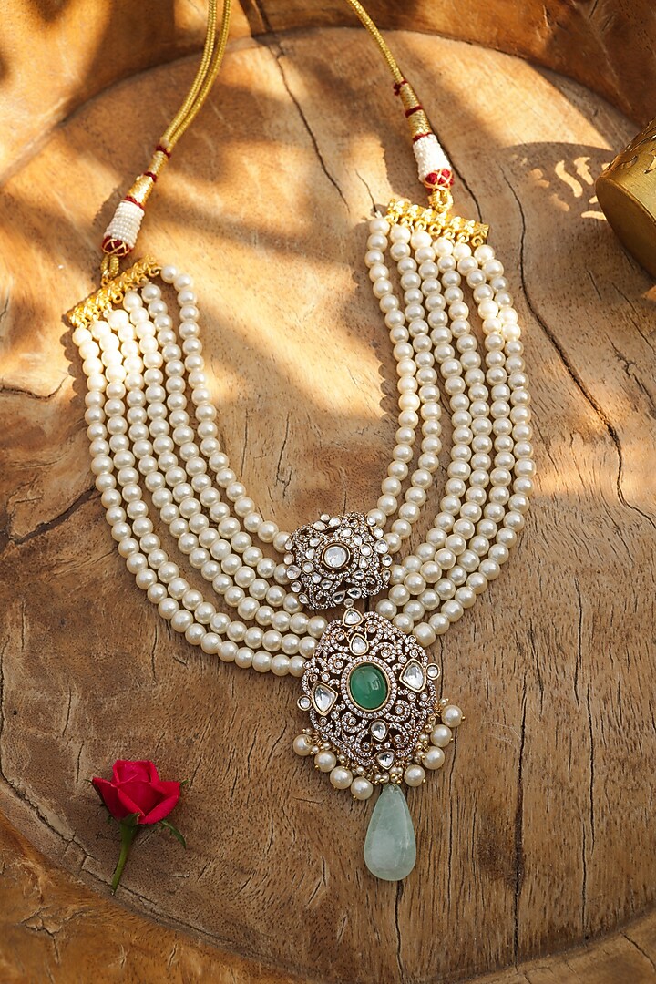Gold Finish Kundan Polki & Pearl Layered Pendant Necklace by Paisley Pop at Pernia's Pop Up Shop