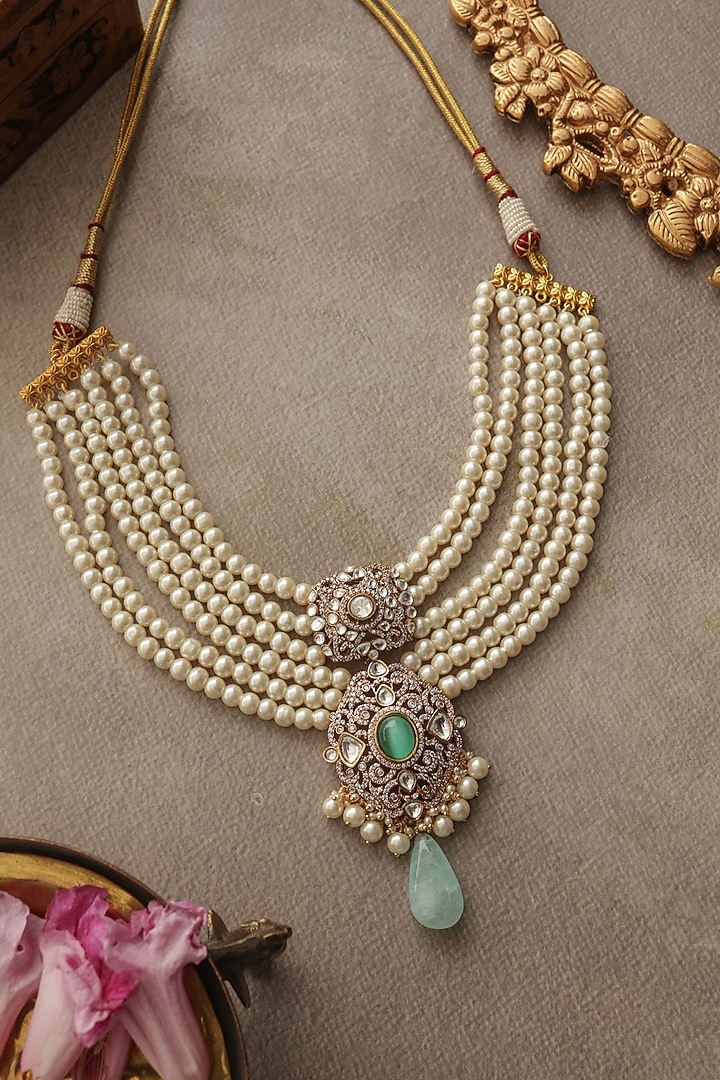 Gold Finish Kundan Polki & Pearl Layered Pendant Necklace by Paisley Pop at Pernia's Pop Up Shop
