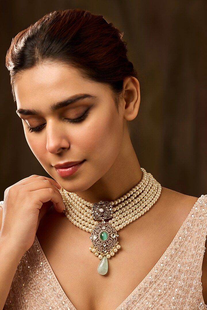 Gold Finish Kundan Polki & Pearl Layered Pendant Necklace by Paisley Pop at Pernia's Pop Up Shop