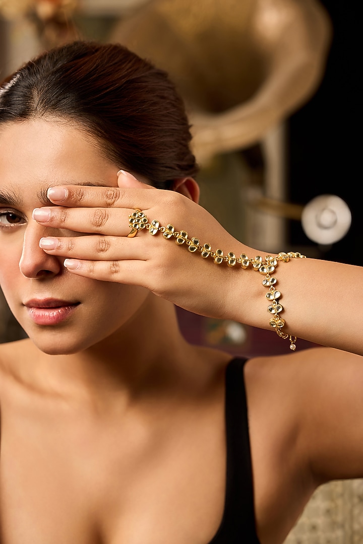 Gold Finish Kundan Polki & Natural Stone Hathphool by Paisley Pop at Pernia's Pop Up Shop
