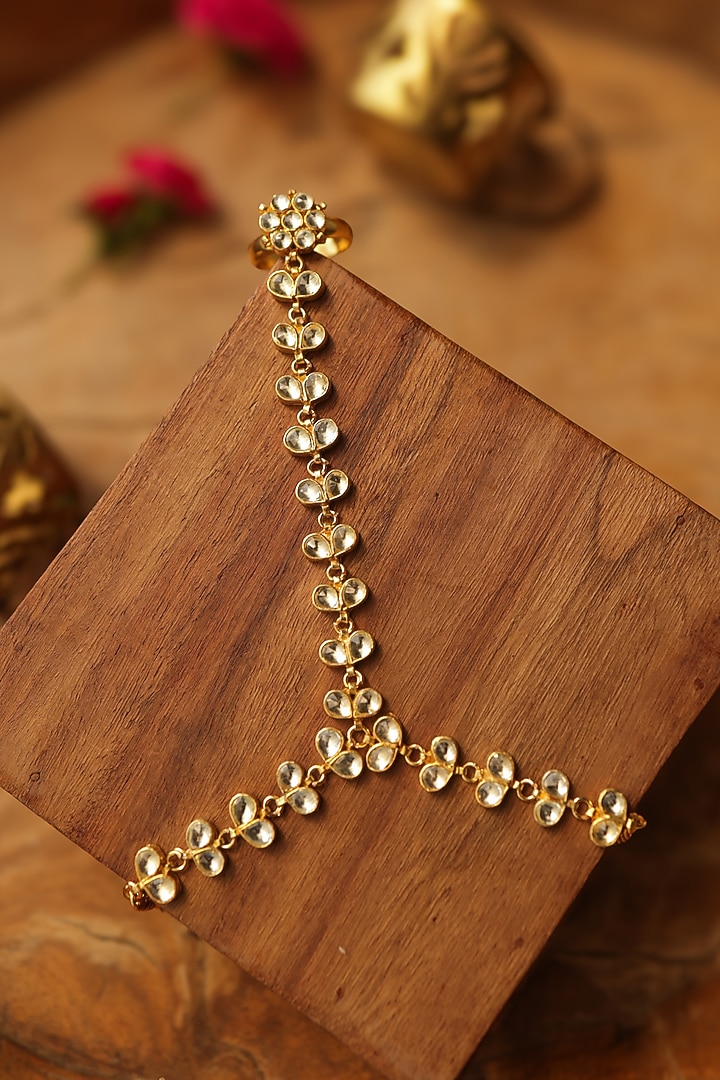 Gold Finish Kundan Polki & Natural Stone Hathphool by Paisley Pop at Pernia's Pop Up Shop