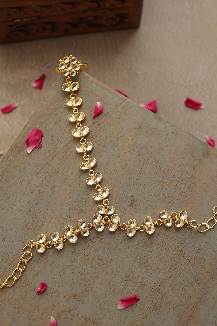 Gold Finish Kundan Polki & Natural Stone Hathphool by Paisley Pop at Pernia's Pop Up Shop