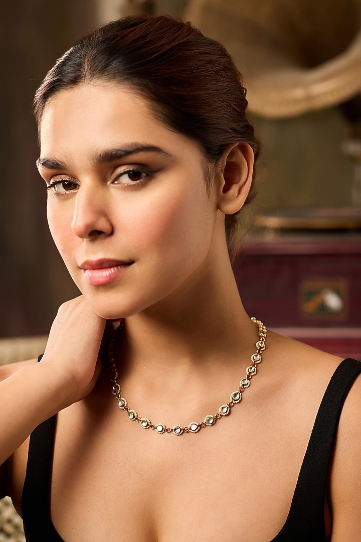 Gold Finish Kundan Polki & Pearl Necklace by Paisley Pop at Pernia's Pop Up Shop