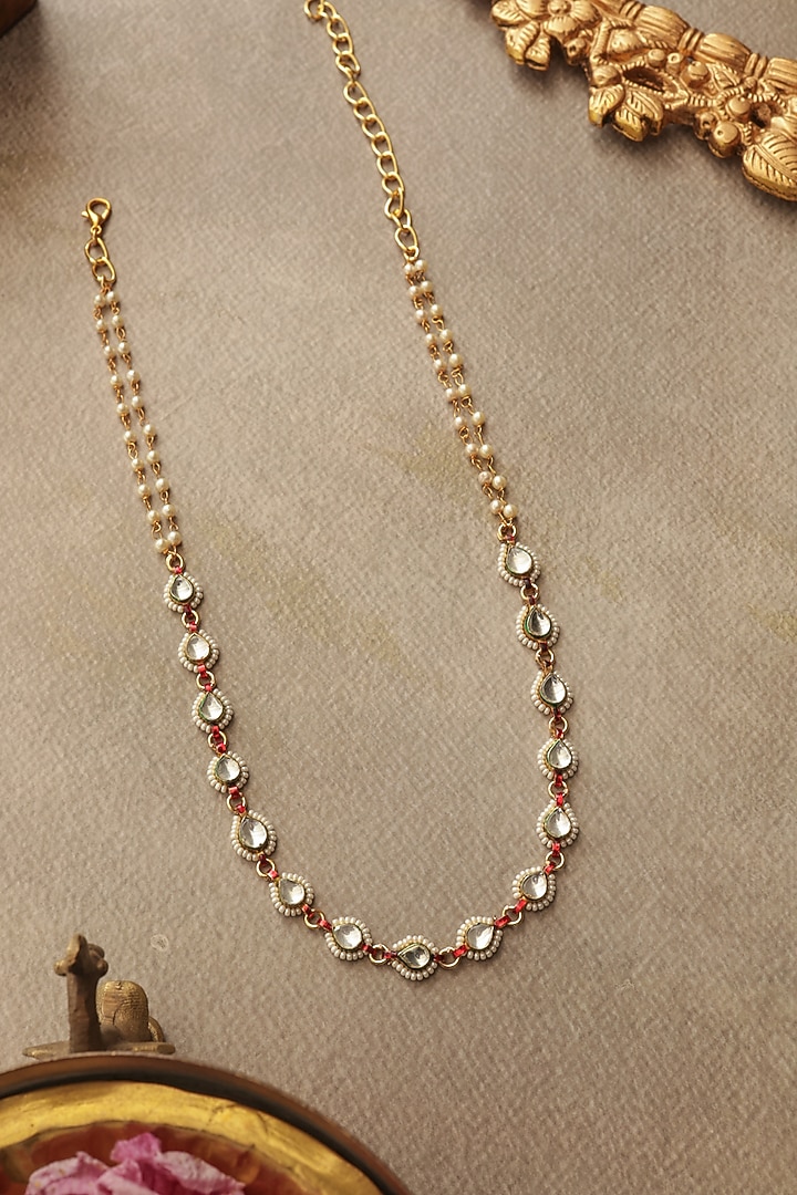 Gold Finish Kundan Polki & Pearl Necklace by Paisley Pop at Pernia's Pop Up Shop