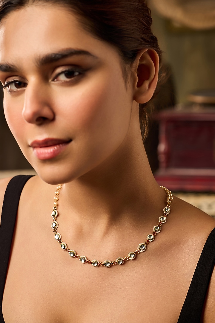 Gold Finish Kundan Polki & Pearl Necklace by Paisley Pop at Pernia's Pop Up Shop