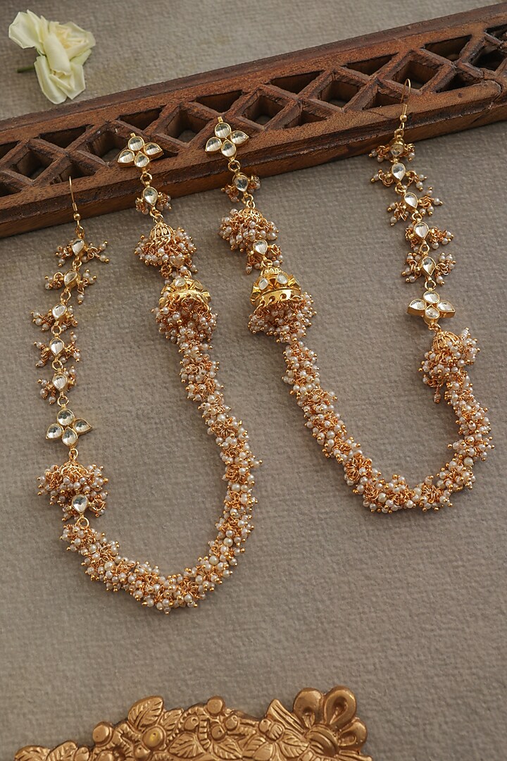 Gold Finish Shell Pearl & Kundan Polki Jhumka Earrings by Paisley Pop at Pernia's Pop Up Shop
