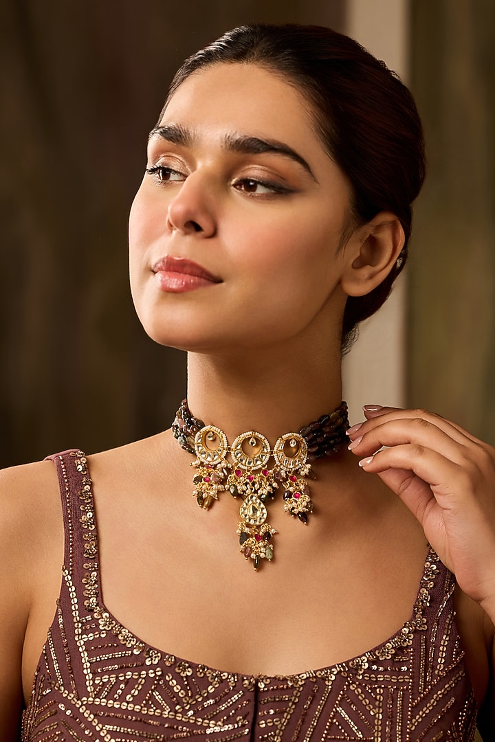 Gold Finish Kundan Polki & Pearl Necklace by Paisley Pop at Pernia's Pop Up Shop