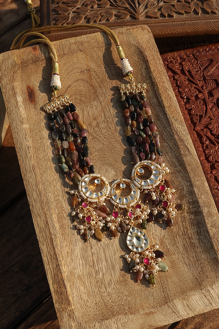 Gold Finish Kundan Polki & Pearl Necklace by Paisley Pop at Pernia's Pop Up Shop