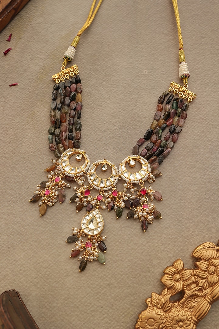 Gold Finish Kundan Polki & Pearl Necklace by Paisley Pop at Pernia's Pop Up Shop
