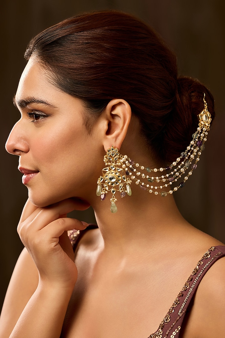 Gold Finish Kundan Polki & Pearl Dangler Earrings by Paisley Pop at Pernia's Pop Up Shop