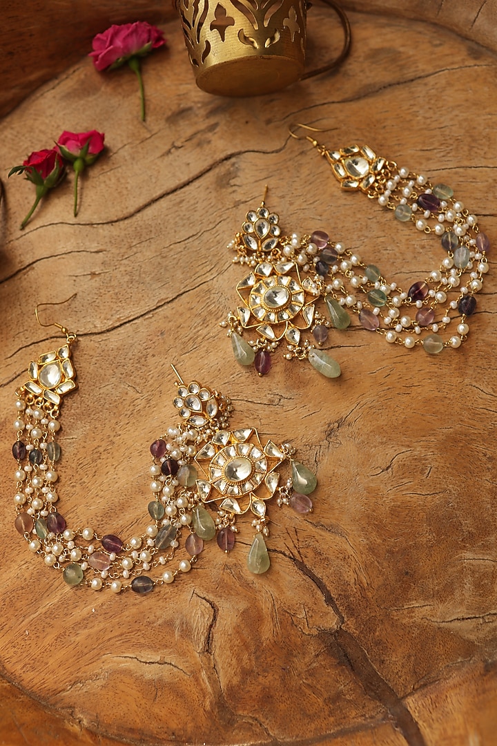 Gold Finish Kundan Polki & Pearl Dangler Earrings by Paisley Pop at Pernia's Pop Up Shop