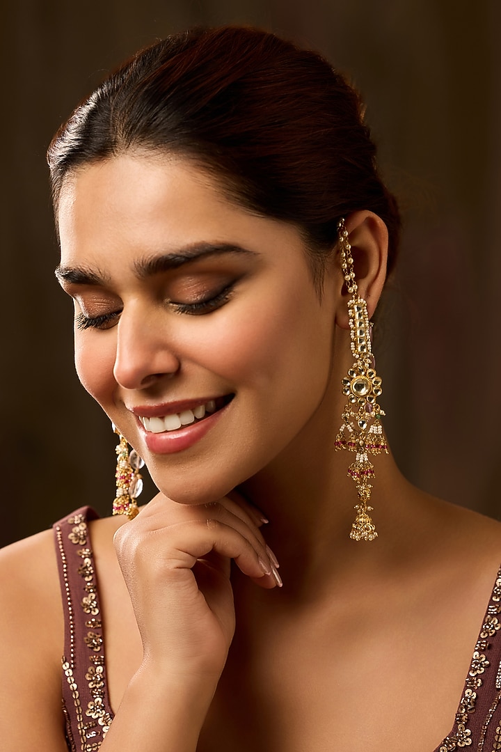 Gold Finish Kundan Polki Dangler Earrings by Paisley Pop at Pernia's Pop Up Shop