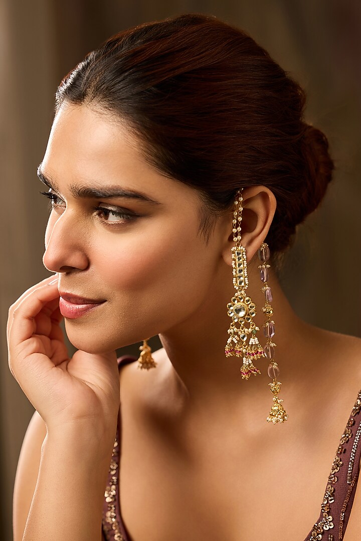 Gold Finish Kundan Polki Dangler Earrings by Paisley Pop at Pernia's Pop Up Shop