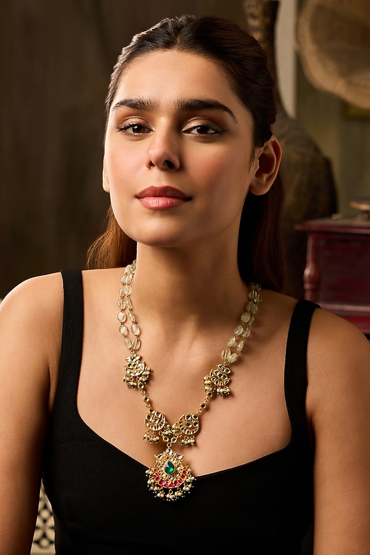 Gold Finish Green Kundan Polki & Pearl Necklace by Paisley Pop at Pernia's Pop Up Shop