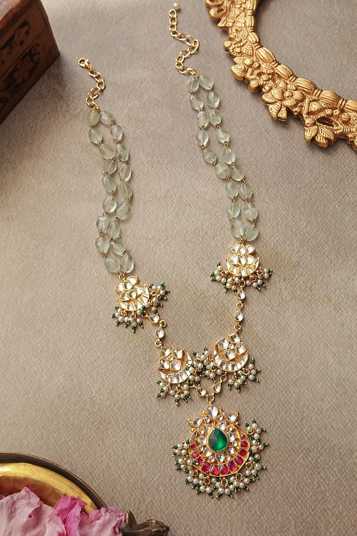 Gold Finish Green Kundan Polki & Pearl Necklace by Paisley Pop at Pernia's Pop Up Shop