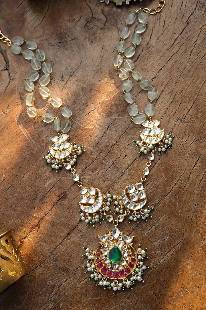 Gold Finish Green Kundan Polki & Pearl Necklace by Paisley Pop at Pernia's Pop Up Shop