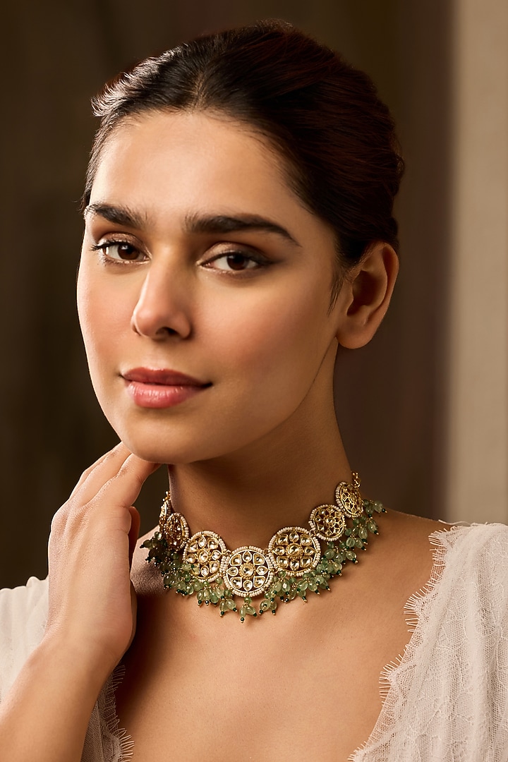 Gold Finish Kundan Polki & Natural Stone Necklace by Paisley Pop at Pernia's Pop Up Shop