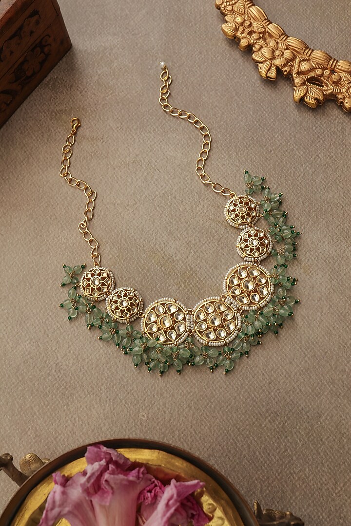Gold Finish Kundan Polki & Natural Stone Necklace by Paisley Pop at Pernia's Pop Up Shop