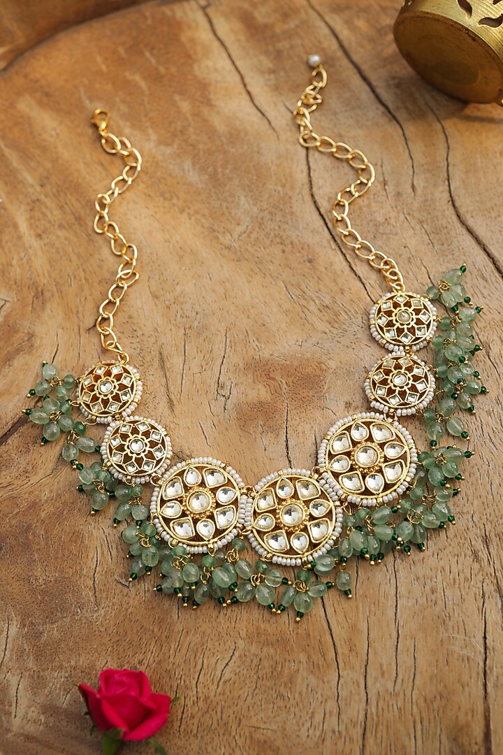 Gold Finish Kundan Polki & Natural Stone Necklace by Paisley Pop at Pernia's Pop Up Shop