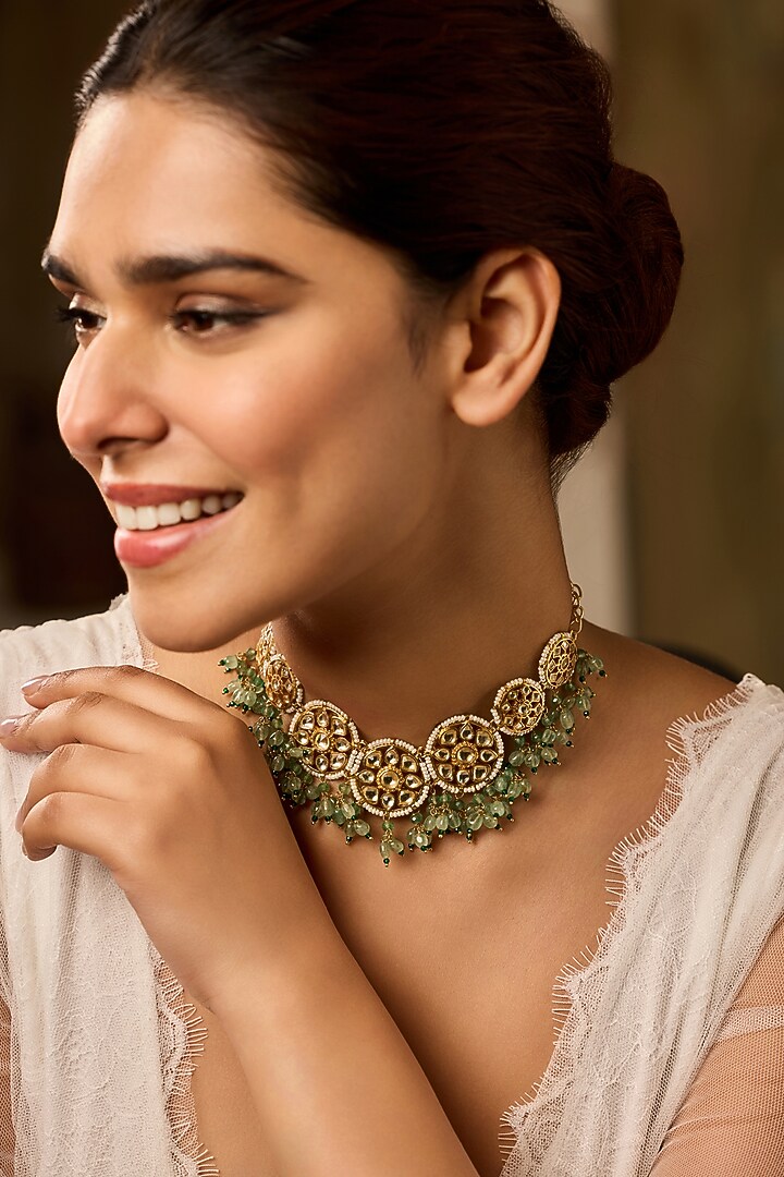 Gold Finish Kundan Polki & Natural Stone Necklace by Paisley Pop at Pernia's Pop Up Shop