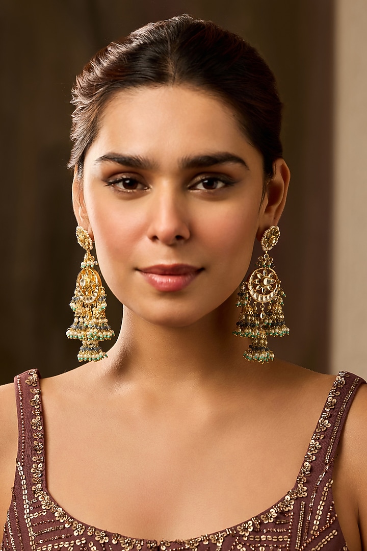 Gold Finish Kundan Polki & Shell Pearl Jhumka Earrings by Paisley Pop at Pernia's Pop Up Shop