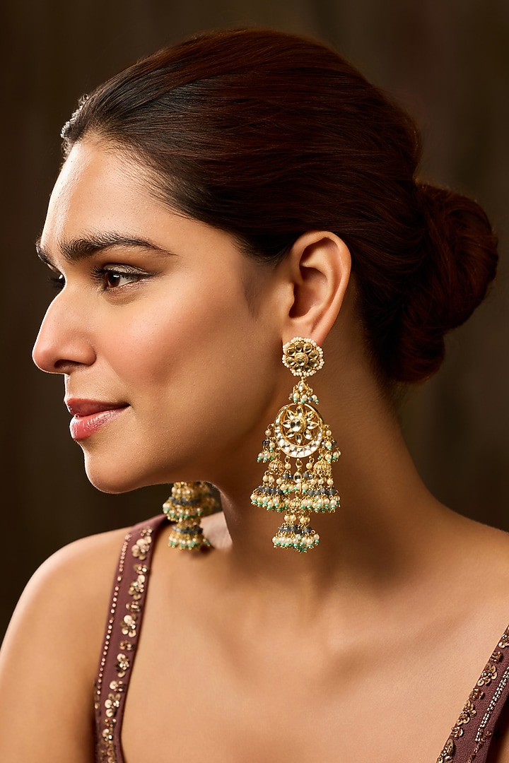 Gold Finish Kundan Polki & Shell Pearl Jhumka Earrings by Paisley Pop at Pernia's Pop Up Shop