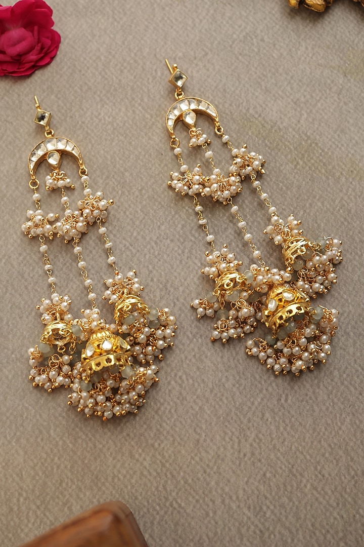 Gold Finish Kundan Polki & Shell Pearl Jhumka Earrings by Paisley Pop at Pernia's Pop Up Shop