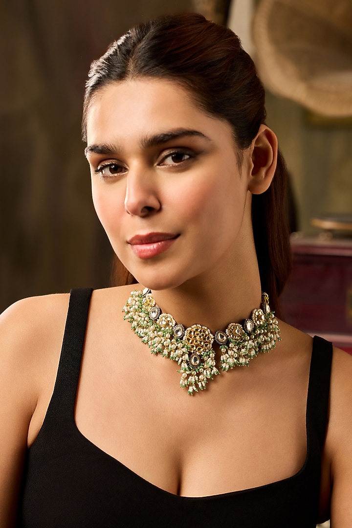 Gold Finish Kundan Polki & Mint Onyx Choker Necklace by Paisley Pop at Pernia's Pop Up Shop