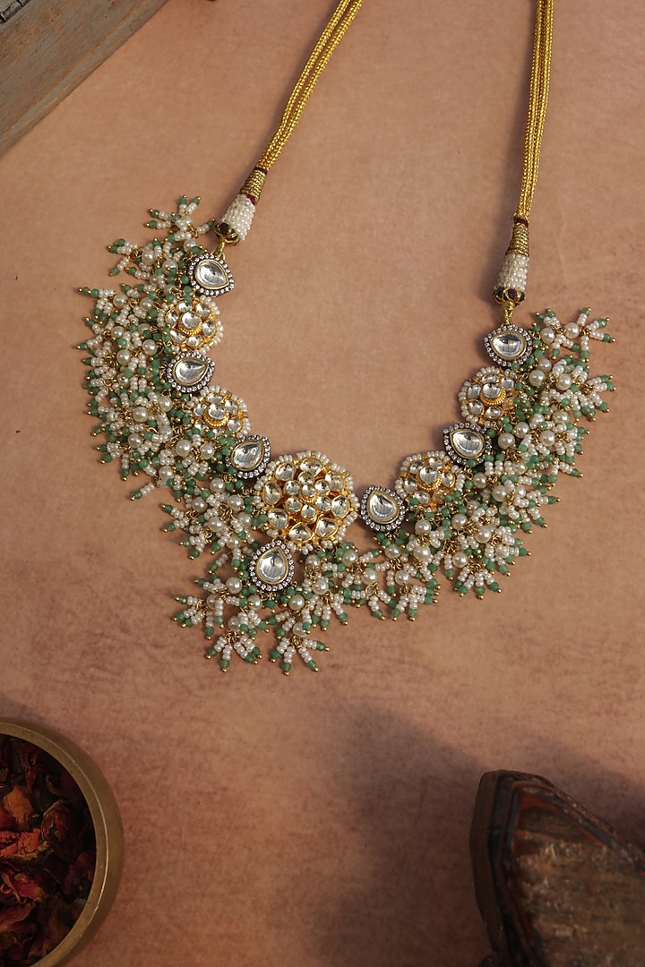 Gold Finish Kundan Polki & Mint Onyx Choker Necklace by Paisley Pop at Pernia's Pop Up Shop