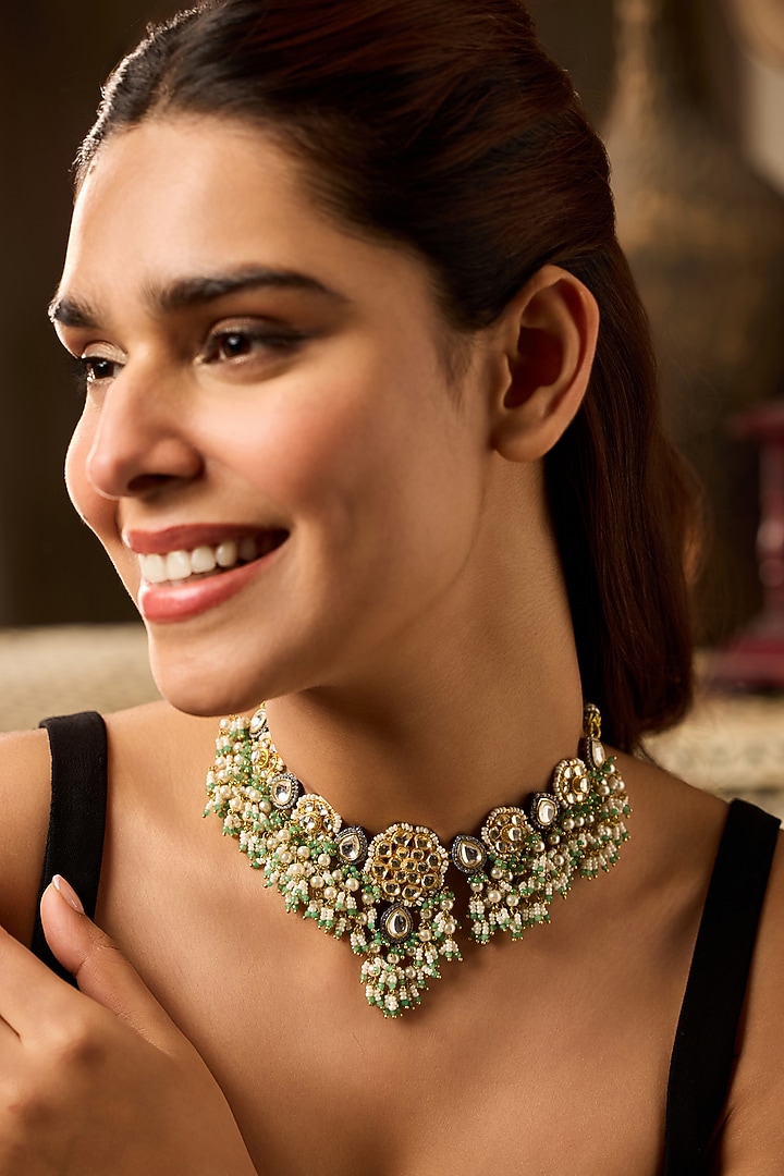 Gold Finish Kundan Polki & Mint Onyx Choker Necklace by Paisley Pop at Pernia's Pop Up Shop