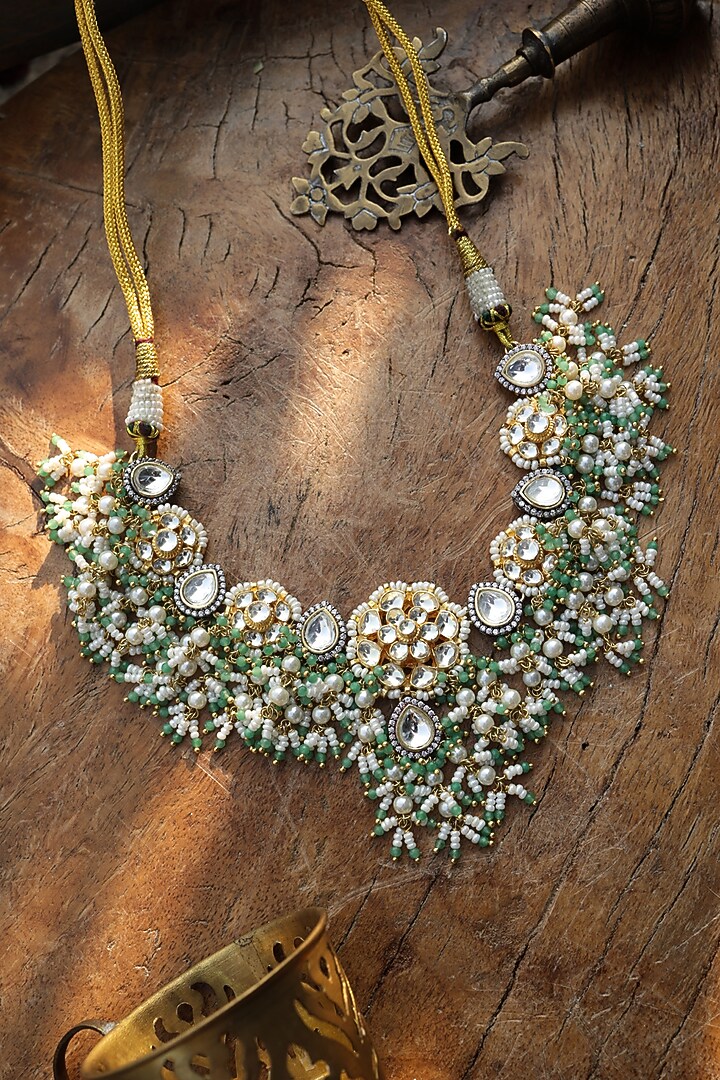 Gold Finish Kundan Polki & Mint Onyx Choker Necklace by Paisley Pop at Pernia's Pop Up Shop