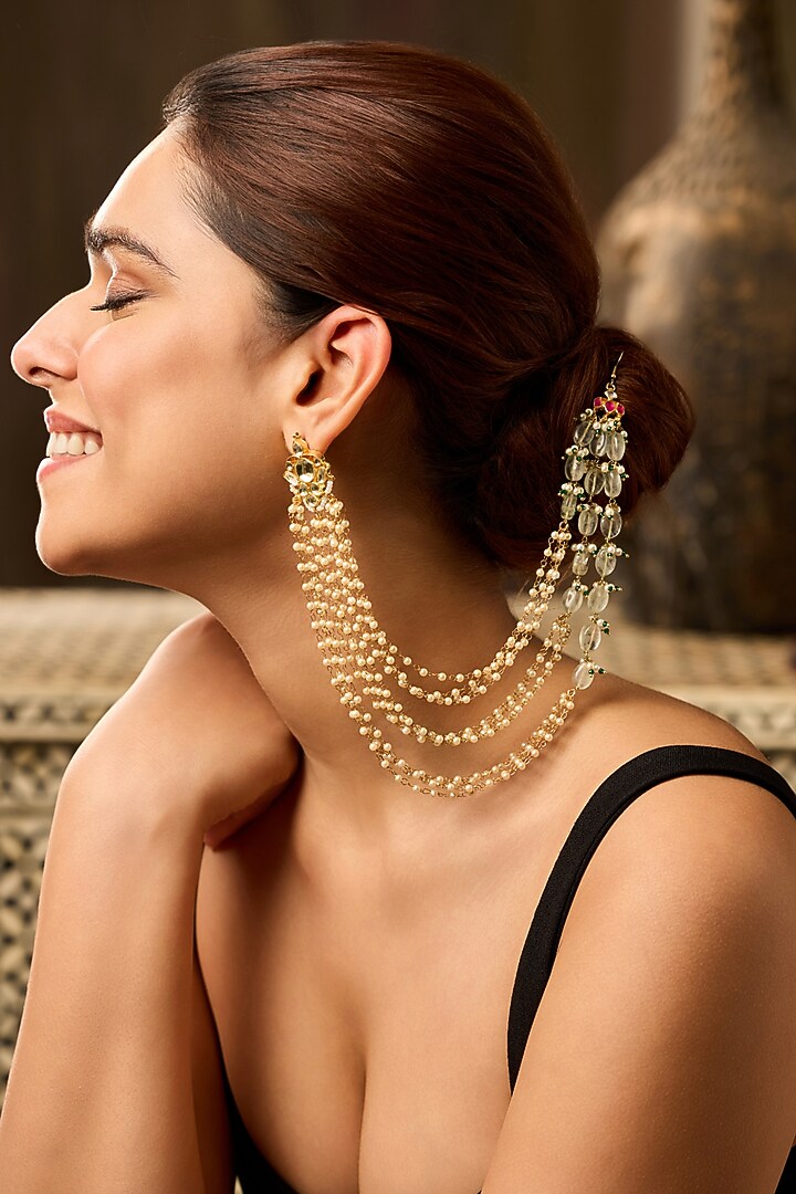 Gold Finish Kundan Polki & Pearl Dangler Earrings by Paisley Pop at Pernia's Pop Up Shop