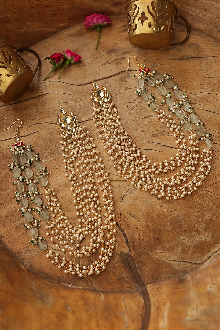 Gold Finish Kundan Polki & Pearl Dangler Earrings by Paisley Pop at Pernia's Pop Up Shop