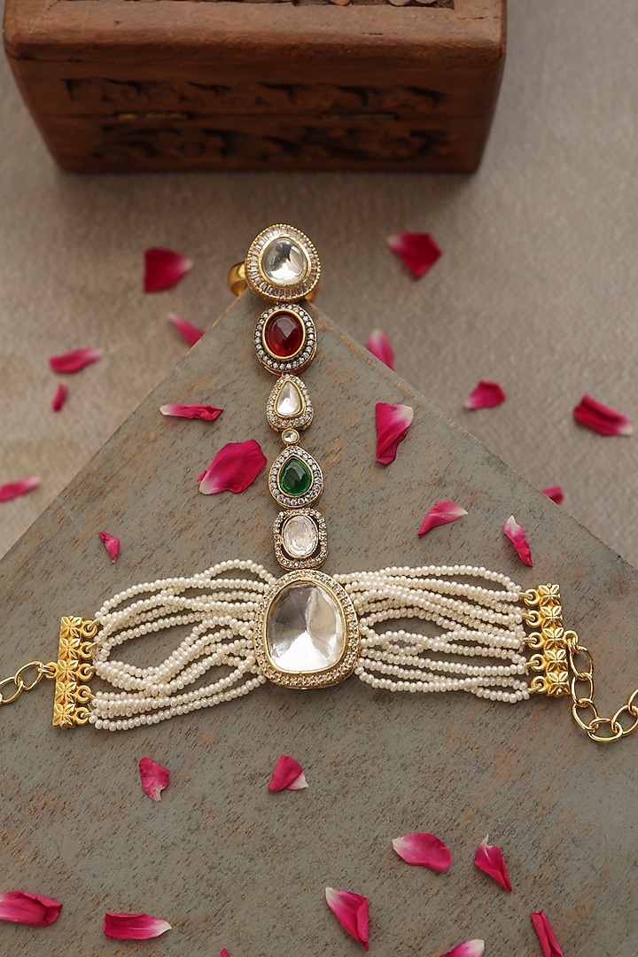 Gold Finish Kundan Polki & Pearl Hathphool by Paisley Pop at Pernia's Pop Up Shop