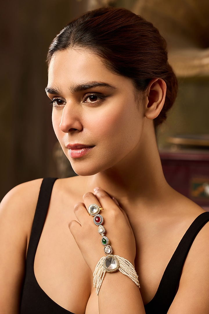 Gold Finish Kundan Polki & Pearl Hathphool by Paisley Pop at Pernia's Pop Up Shop