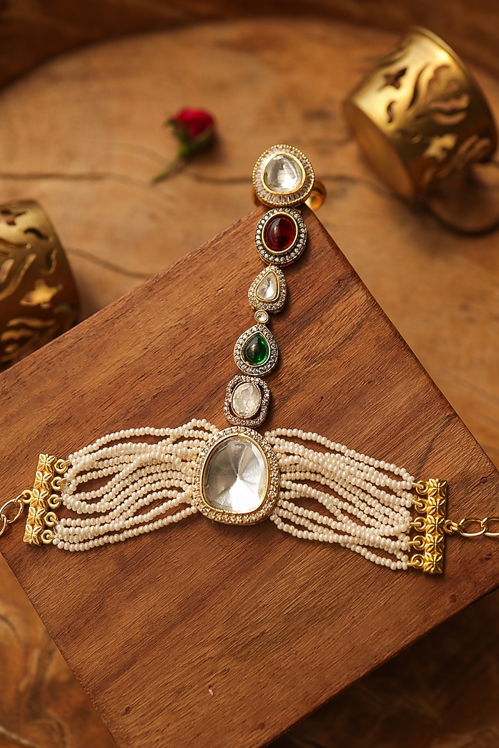 Gold Finish Kundan Polki & Pearl Hathphool by Paisley Pop at Pernia's Pop Up Shop