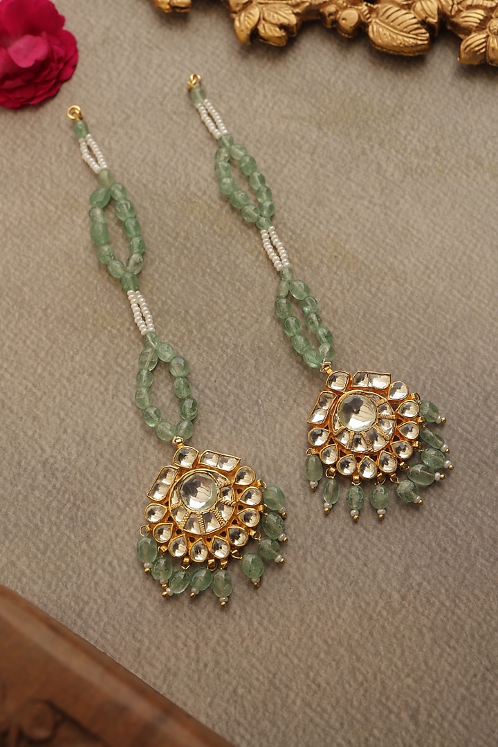 Gold Finish Kundan Polki & Shell Pearl Dangler Earrings by Paisley Pop at Pernia's Pop Up Shop