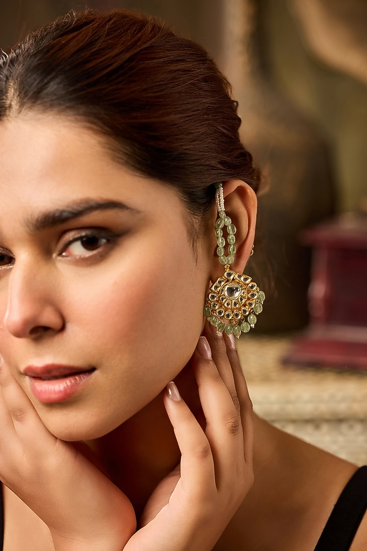 Gold Finish Kundan Polki & Shell Pearl Dangler Earrings by Paisley Pop at Pernia's Pop Up Shop
