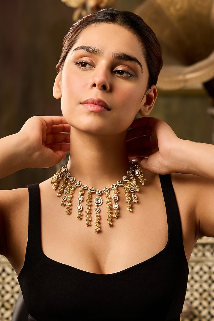 Gold Finish Kundan Polki & Pearl Necklace by Paisley Pop at Pernia's Pop Up Shop