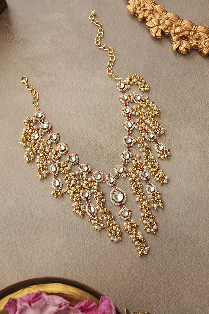 Gold Finish Kundan Polki & Pearl Necklace by Paisley Pop at Pernia's Pop Up Shop
