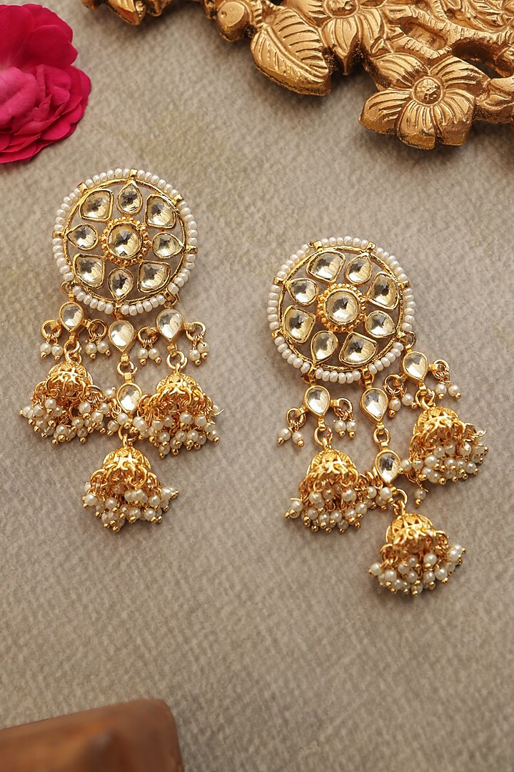 Gold Finish Kundan Polki & Pearl Dangler Earrings by Paisley Pop at Pernia's Pop Up Shop
