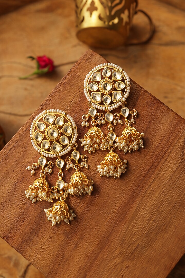Gold Finish Kundan Polki & Pearl Dangler Earrings by Paisley Pop at Pernia's Pop Up Shop