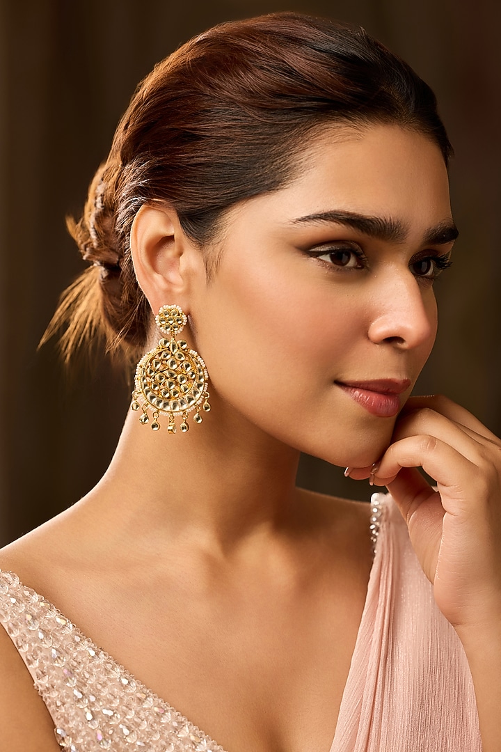 Gold Finish Kundan Polki & Shell Pearl Dangler Earrings by Paisley Pop at Pernia's Pop Up Shop