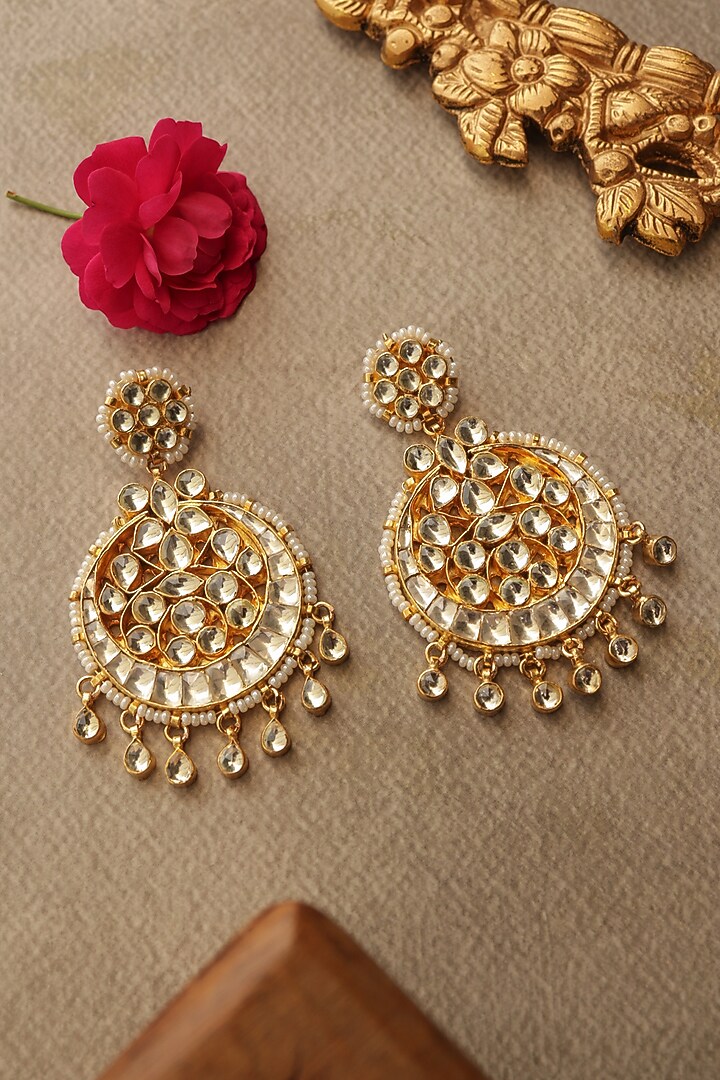 Gold Finish Kundan Polki & Shell Pearl Dangler Earrings by Paisley Pop at Pernia's Pop Up Shop