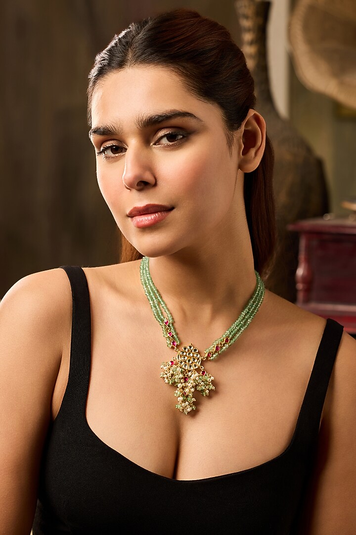Gold Finish Kundan Polki & Green Onyx Necklace by Paisley Pop at Pernia's Pop Up Shop