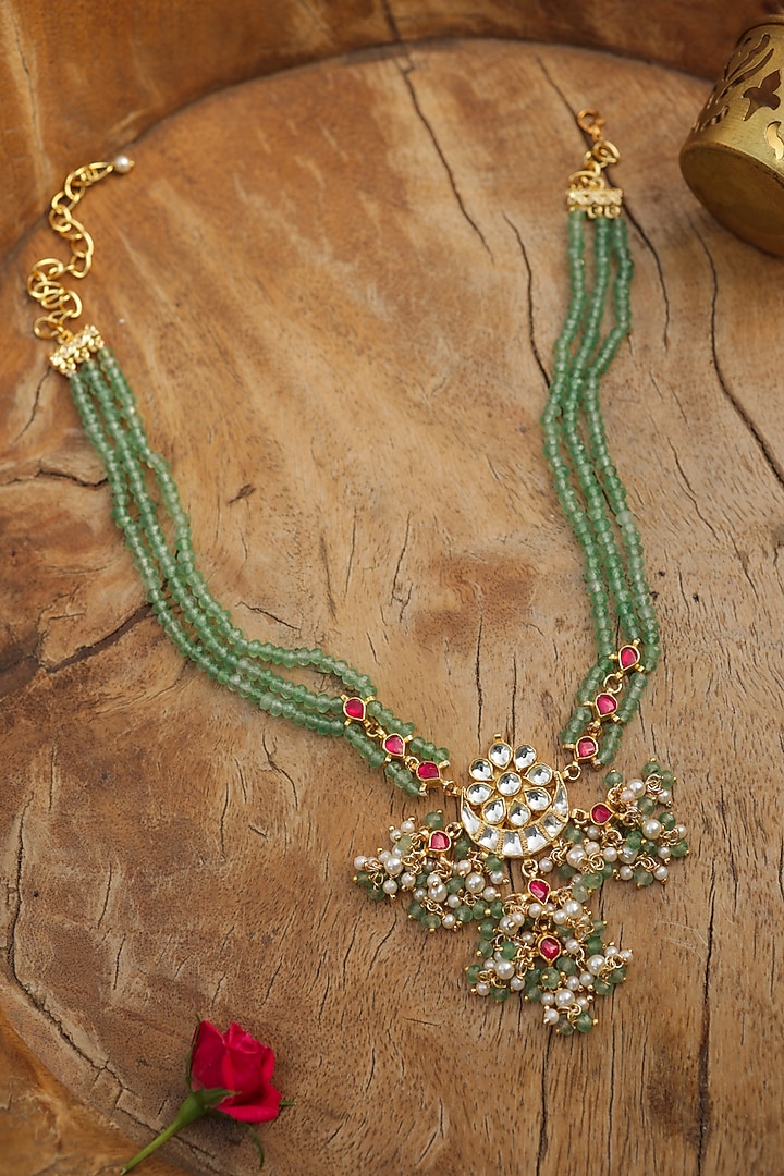 Gold Finish Kundan Polki & Green Onyx Necklace by Paisley Pop at Pernia's Pop Up Shop