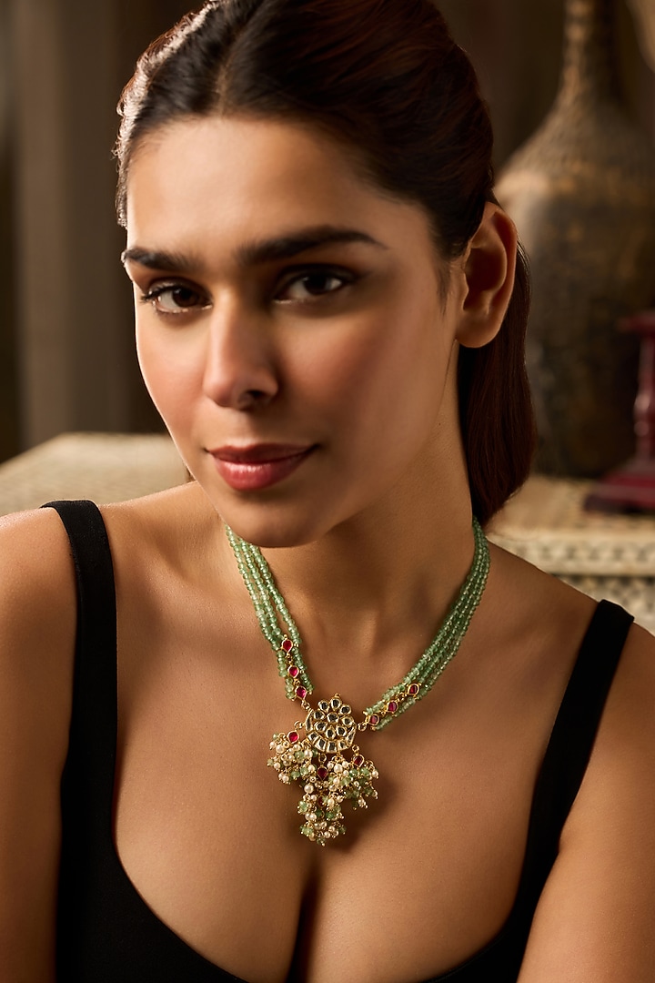 Gold Finish Kundan Polki & Green Onyx Necklace by Paisley Pop at Pernia's Pop Up Shop